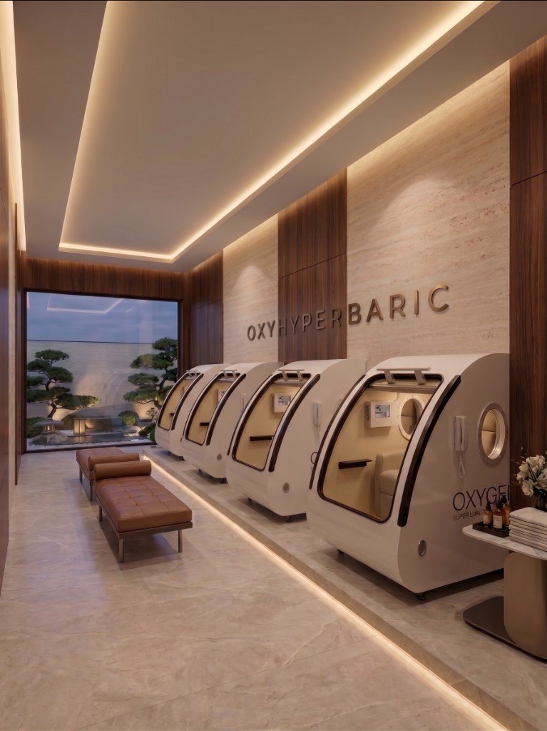 OxyHyperbaric luxury showroom with sitting hyperbaric oxygen chambers for sale in the USA