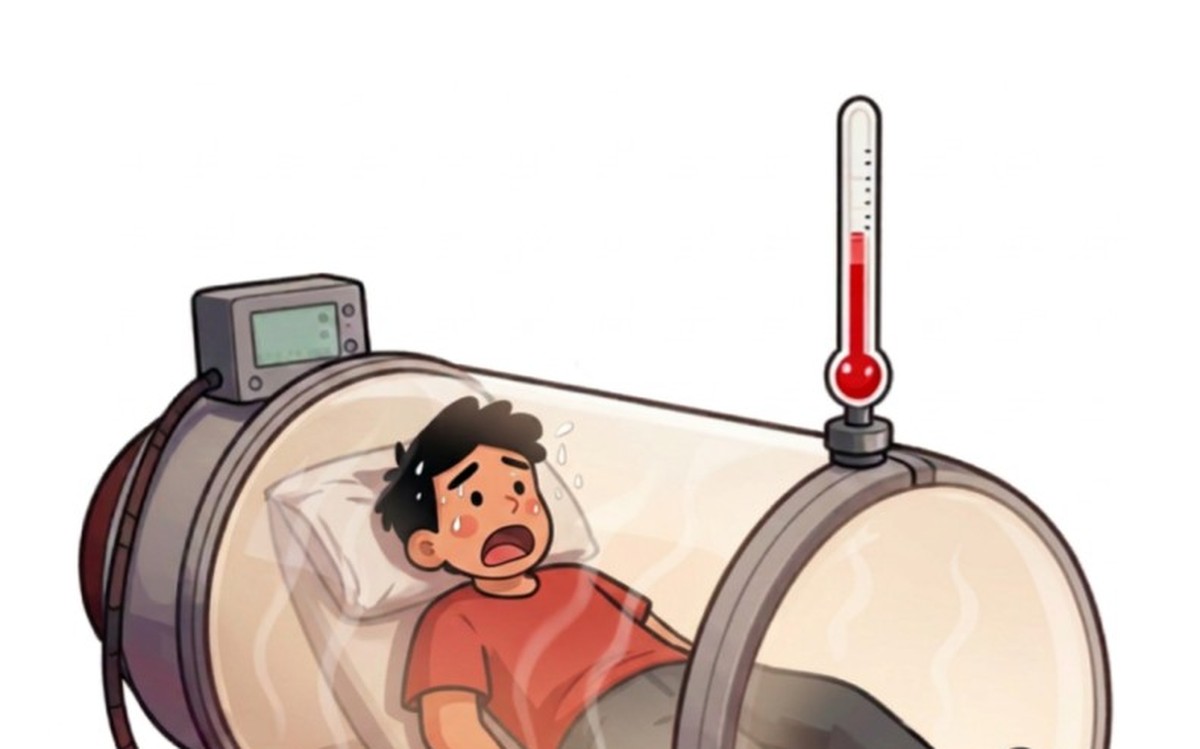 Illustration of a person feeling hot and humid inside a hyperbaric chamber